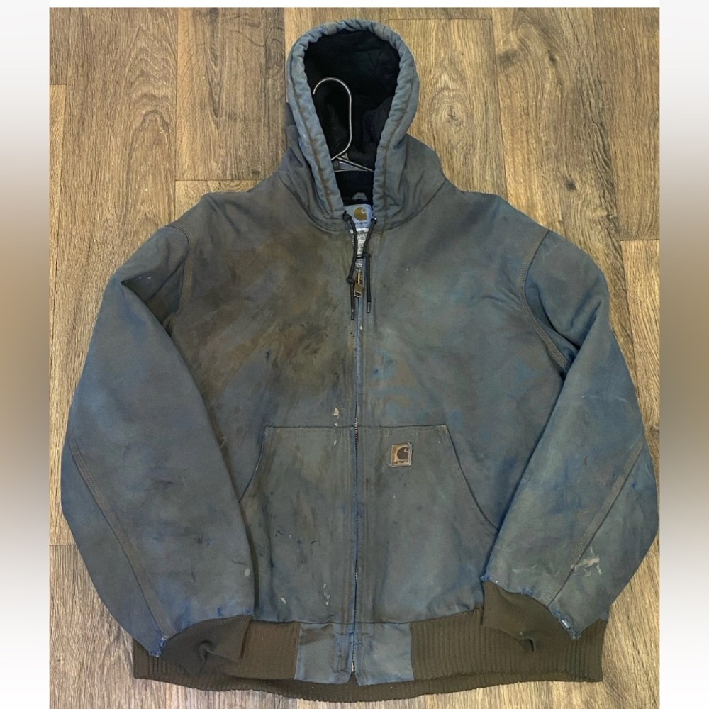 Carhartt Men's Hooded workwear Jacket Faded Blue dye w/ Brown Trim vintage Sz XL
